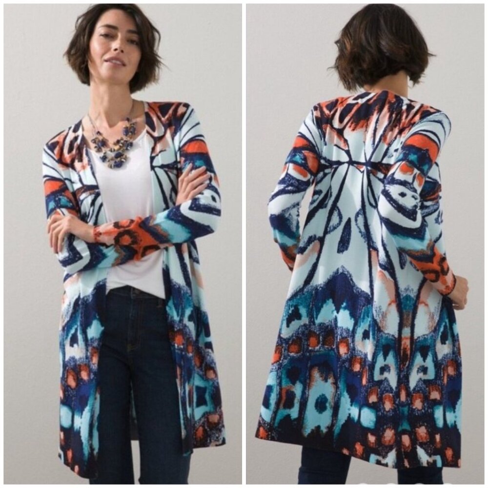 Chicos Open-Front Butterfly Print Long Cardigan Sweater S‎